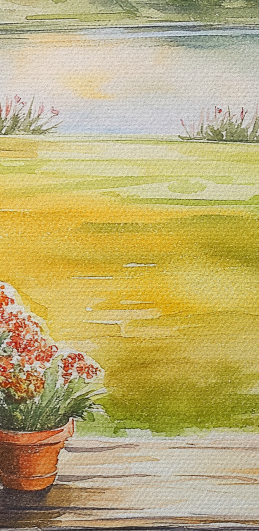 Aquarel van een tafel met potplanten erop