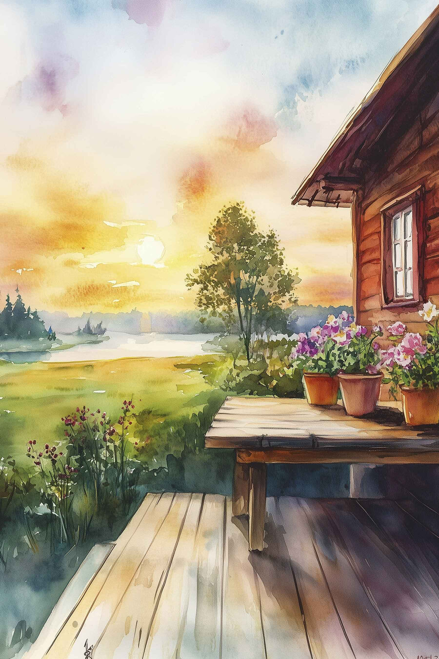 Aquarel schilderij van een huis met bloemen op een tafel Aquarel schilderij van een huis met bloemen op een tafel
