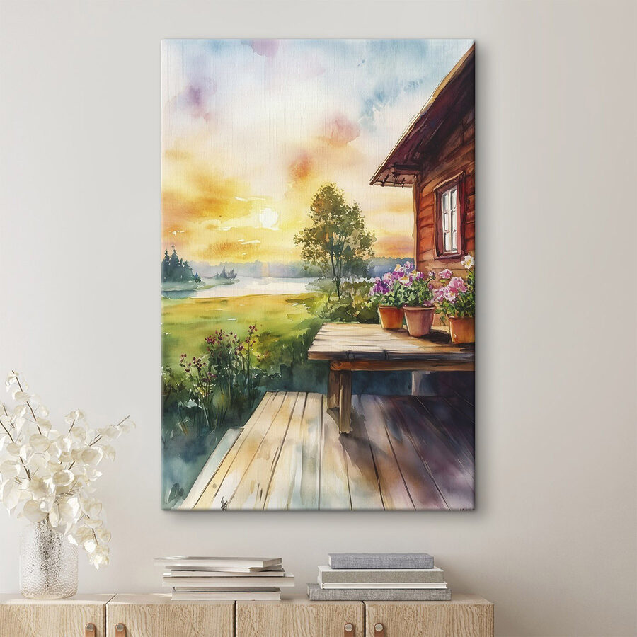 Aquarel schilderij van een huis met bloemen op een tafel Aquarel schilderij van een huis met bloemen op een tafel
