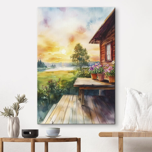 Aquarel schilderij van een huis met bloemen op een tafel Aquarel schilderij van een huis met bloemen op een tafel