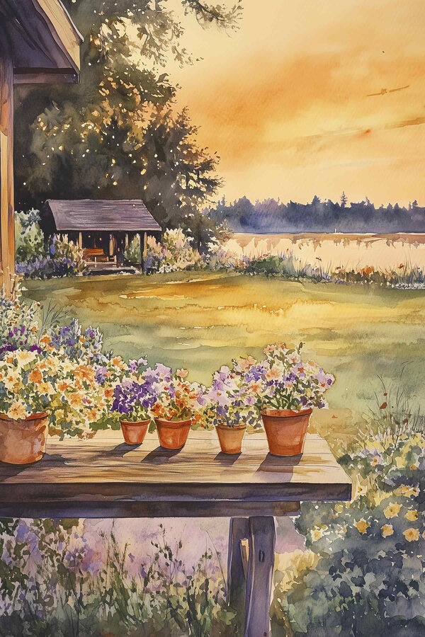 Aquarel schilderij van een veranda met bloemen in potten op een tafel Aquarel schilderij van een veranda met bloemen in potten op een tafel