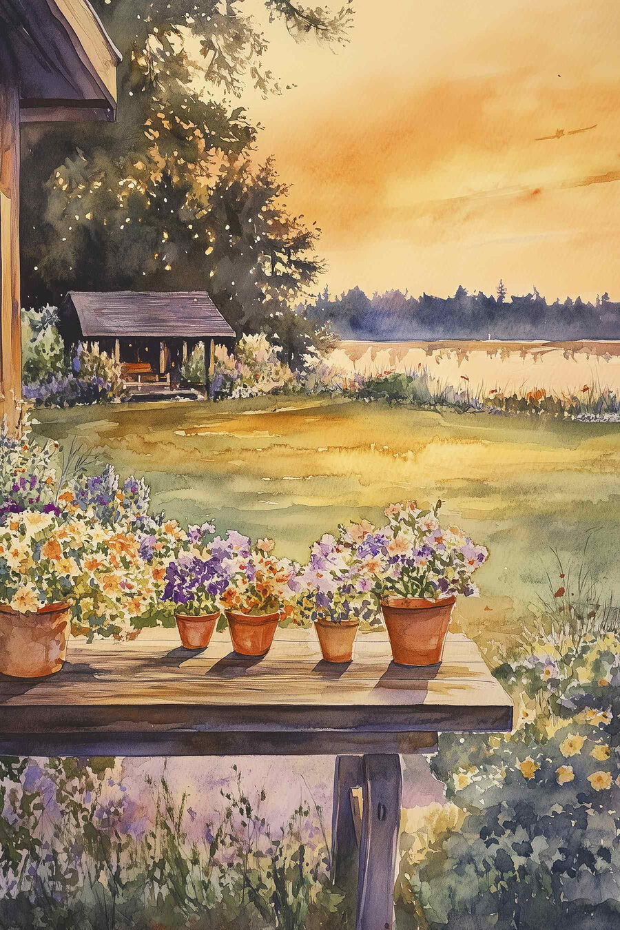 Aquarel schilderij van een veranda met bloemen in potten op een tafel Aquarel schilderij van een veranda met bloemen in potten op een tafel