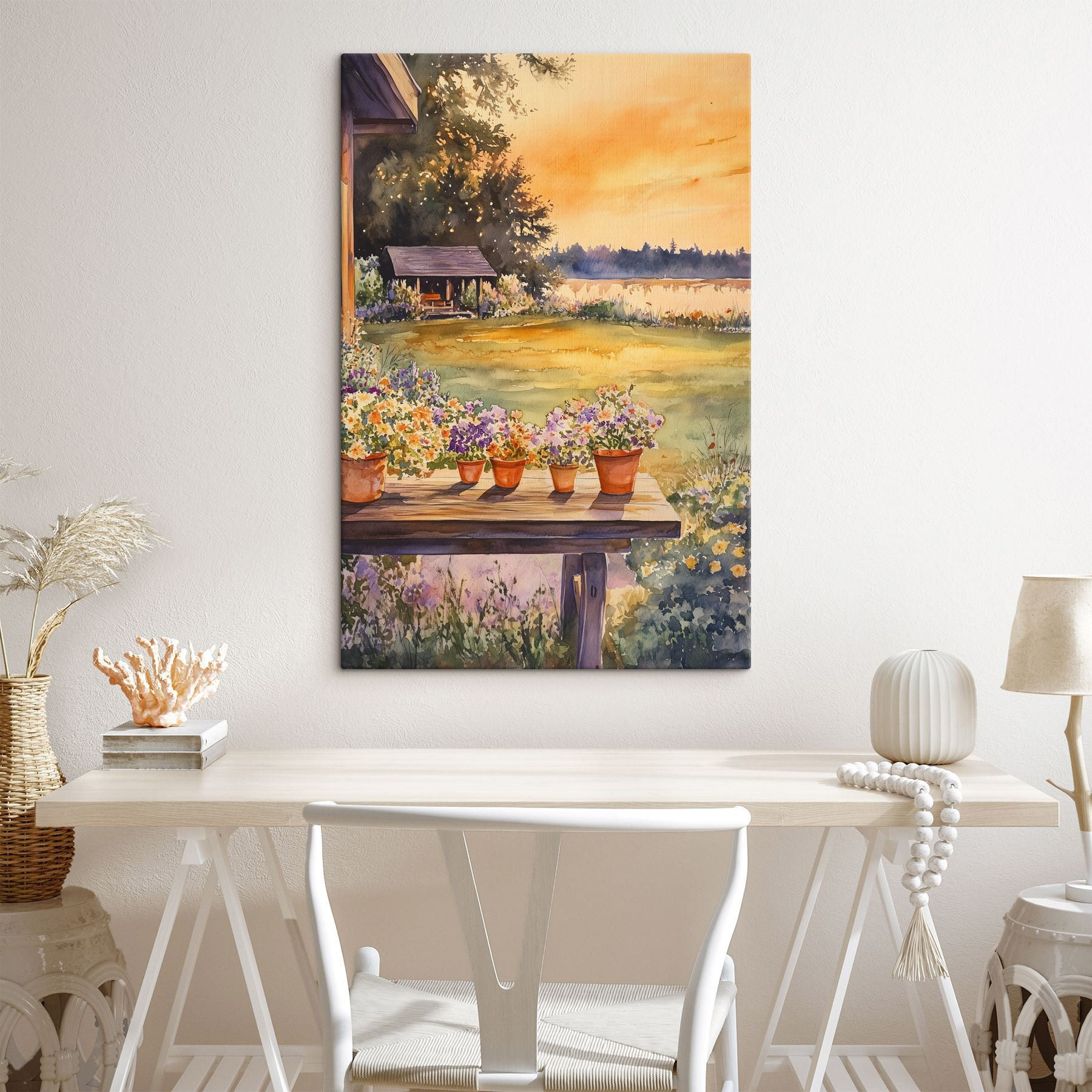 Watercolor painting of a porch with potted flowers on a table