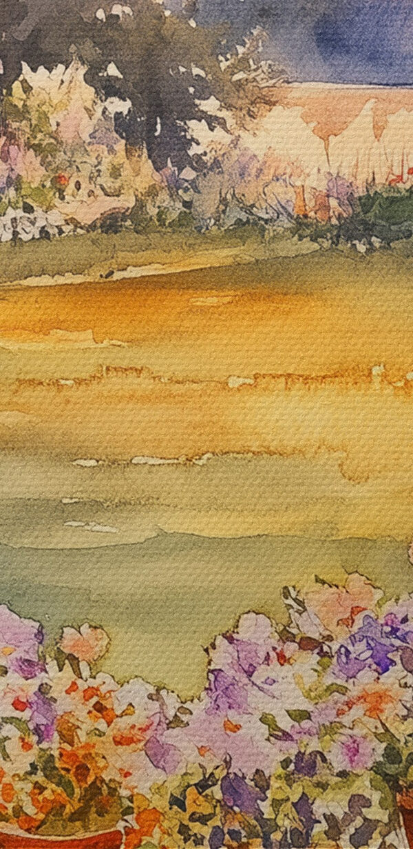 Aquarel schilderij van een veranda met bloemen in potten op een tafel Aquarel schilderij van een veranda met bloemen in potten op een tafel