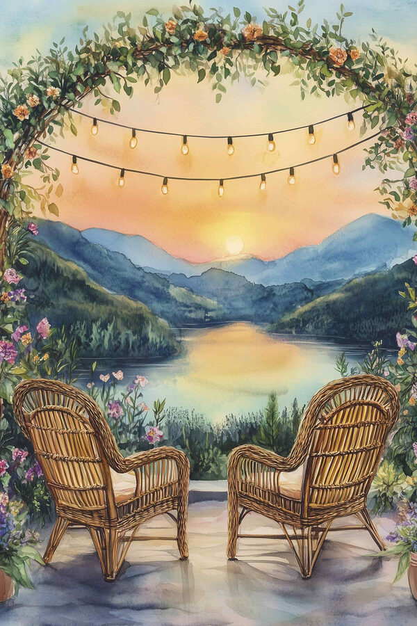 Schilderij van stoelen en een meer Schilderij van stoelen en een meer