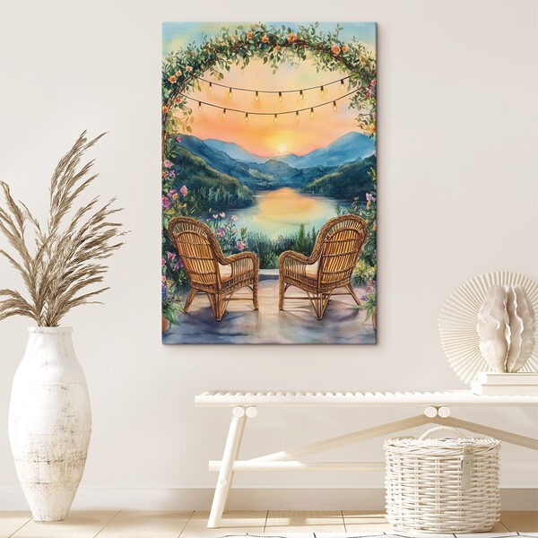 Schilderij van stoelen en een meer Schilderij van stoelen en een meer