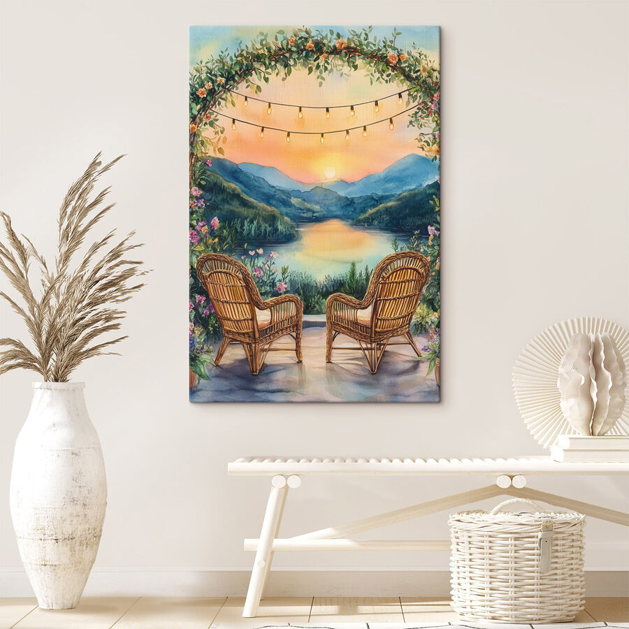 Schilderij van stoelen en een meer