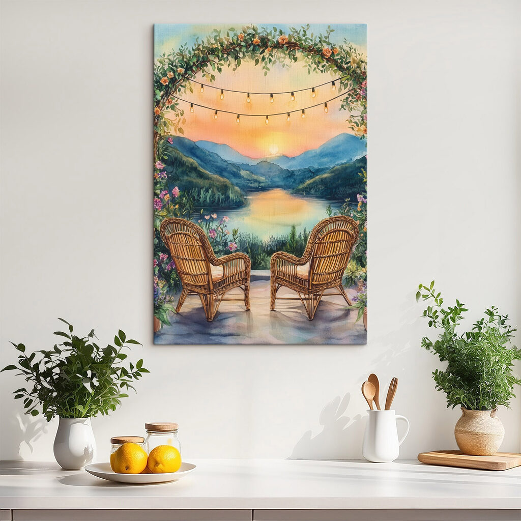 Painting of chairs and a lake