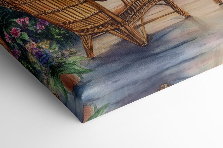 Schilderij van stoelen en een meer