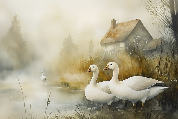 Aquarel van ganzen in een vijver Aquarel van ganzen in een vijver