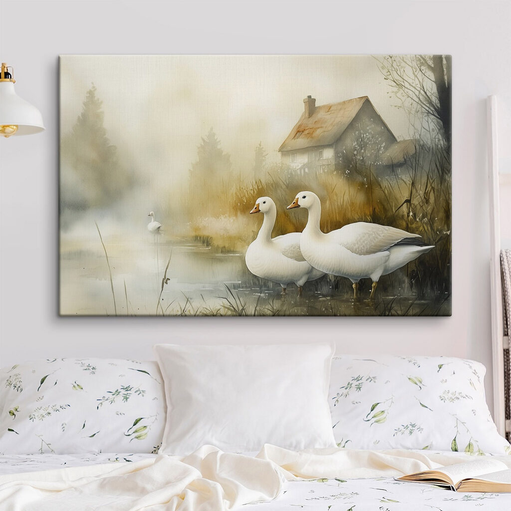 Watercolor painting of geese in a pond