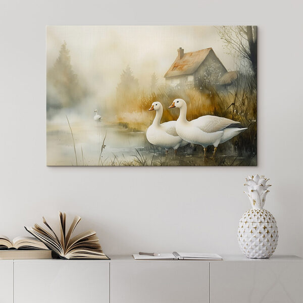Aquarel van ganzen in een vijver Aquarel van ganzen in een vijver