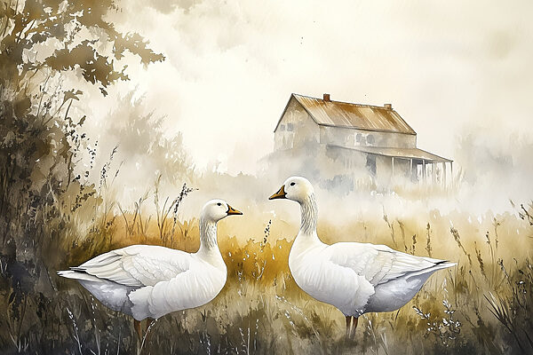 Aquarel van twee ganzen in een veld Aquarel van twee ganzen in een veld