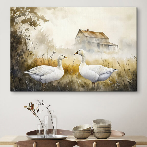 Aquarel van twee ganzen in een veld Aquarel van twee ganzen in een veld