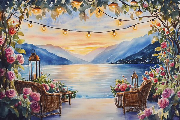 Aquarelverfschilderij van een terras met stoelen en bloemen en lichtjes aan een touwtje Aquarelverfschilderij van een terras met stoelen en bloemen en lichtjes aan een touwtje