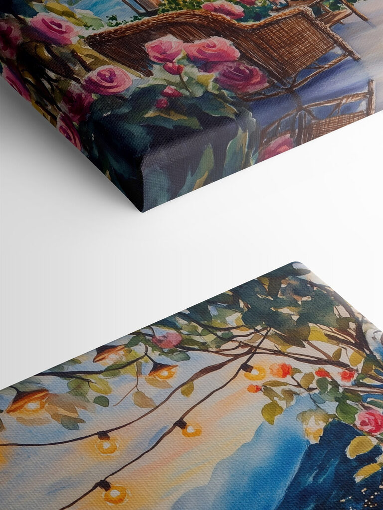 Watercolor painting of a deck with chairs and flowers and lights from a string