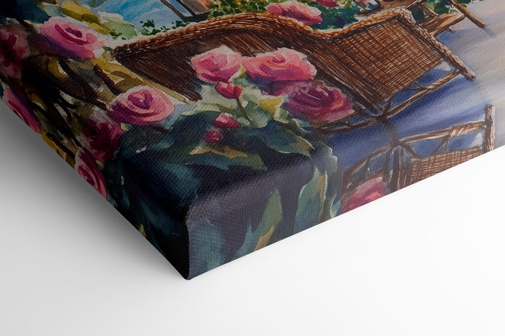 Watercolor painting of a deck with chairs and flowers and lights from a string