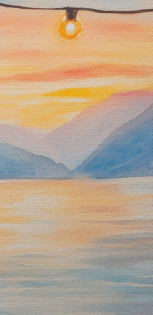 Watercolor painting of a deck with chairs and flowers and lights from a string