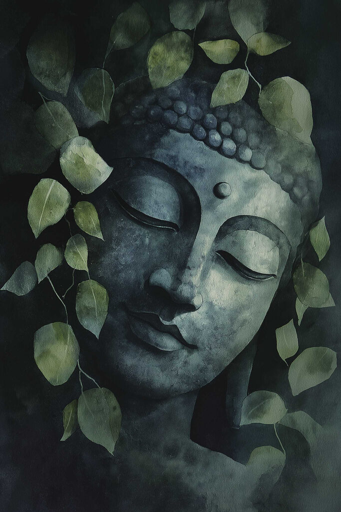 Statue of a person with leaves around it