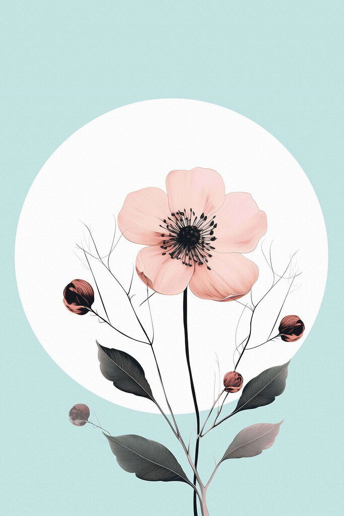 Pink flower with black center and leaves