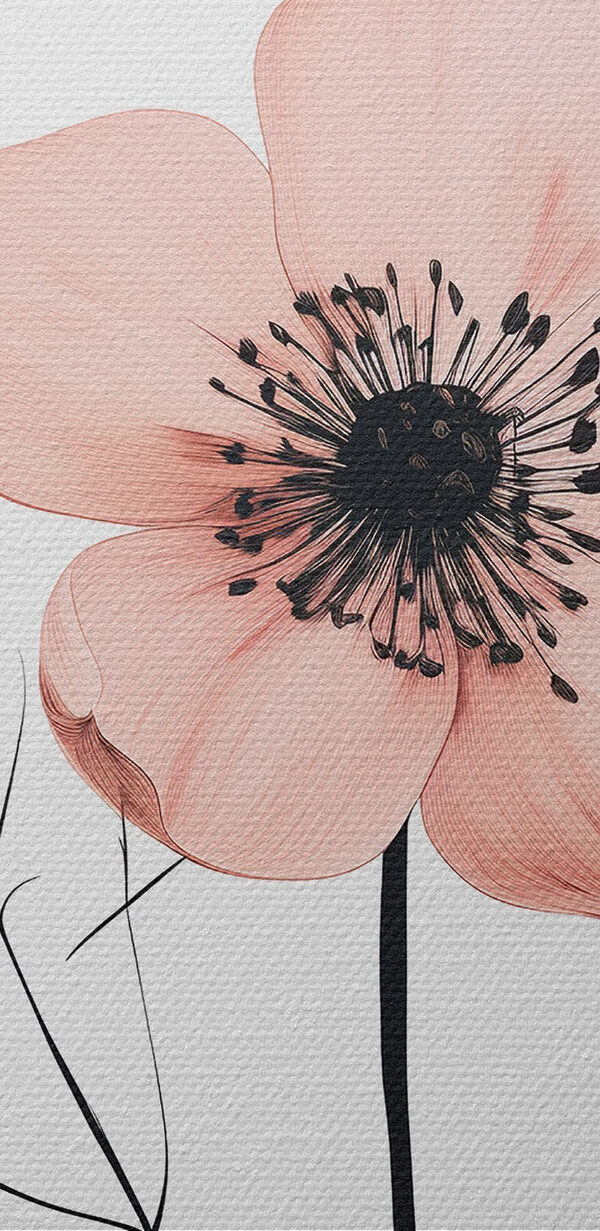 Roze bloem met zwart hart en bladeren Roze bloem met zwart hart en bladeren