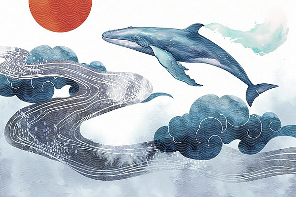 Walvis en water met een rode zon Walvis en water met een rode zon