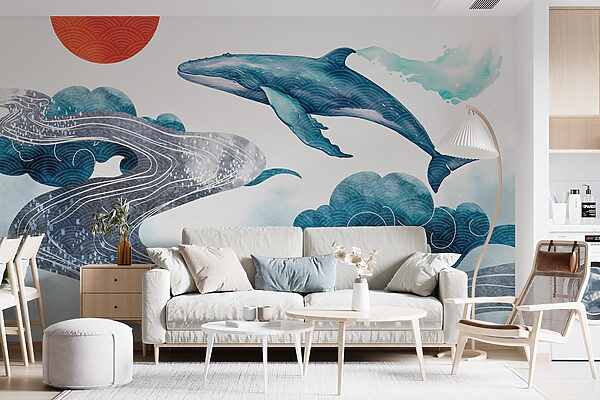Walvis en water met een rode zon Walvis en water met een rode zon