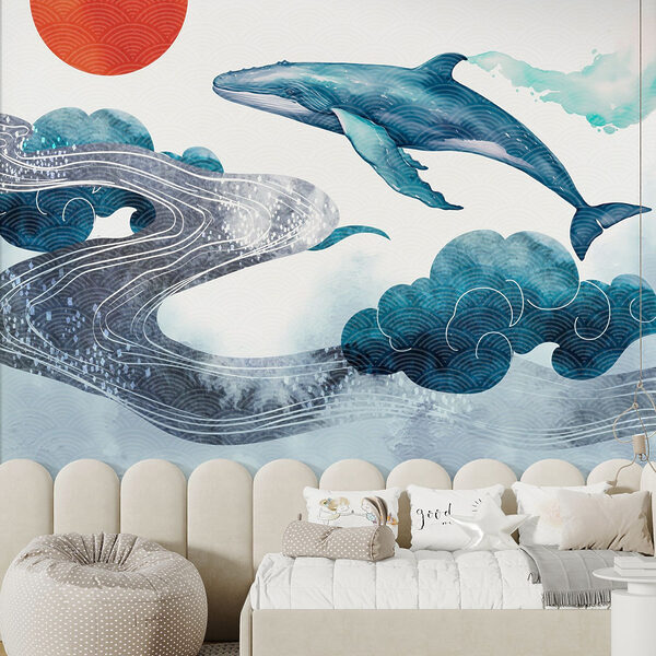 Walvis en water met een rode zon Walvis en water met een rode zon