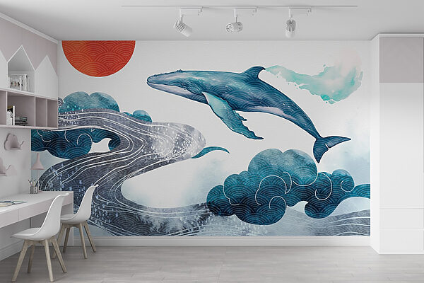 Walvis en water met een rode zon Walvis en water met een rode zon