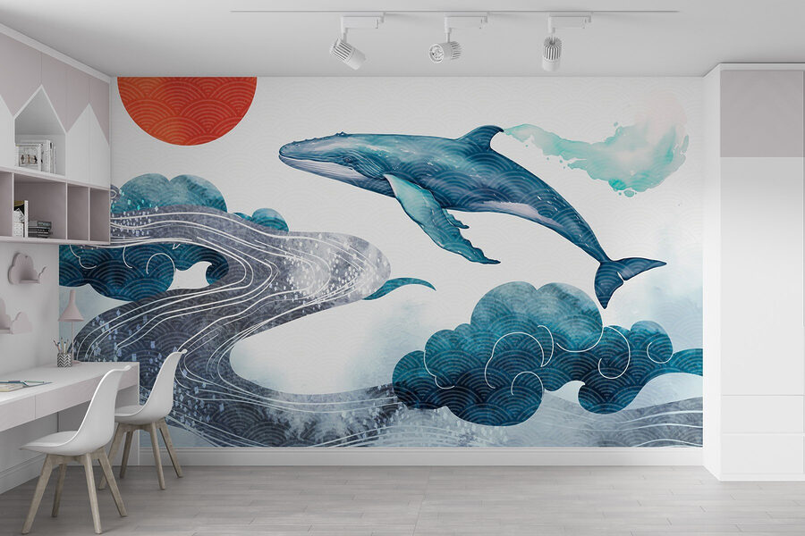 Walvis en water met een rode zon Walvis en water met een rode zon