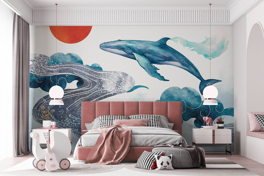 Walvis en water met een rode zon Walvis en water met een rode zon