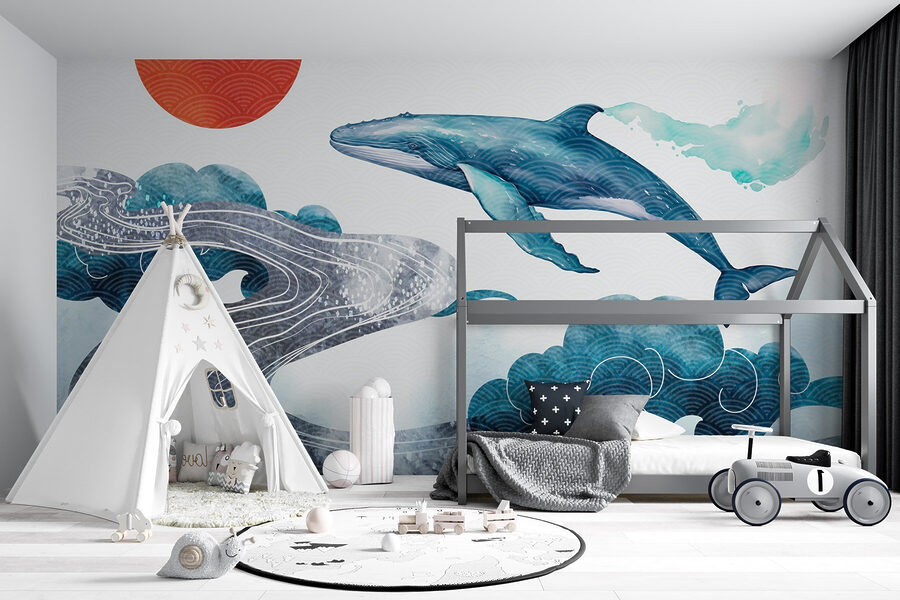 Walvis en water met een rode zon Walvis en water met een rode zon