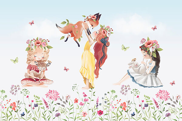 Groep meisjes met dieren in een bloemenveld Groep meisjes met dieren in een bloemenveld