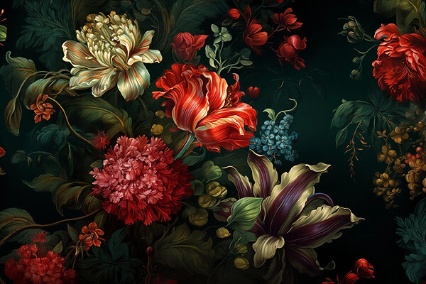 Schilderij van bloemen op een donkere achtergrond Schilderij van bloemen op een donkere achtergrond