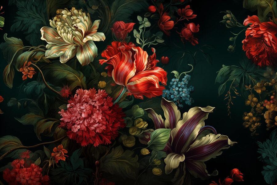 Schilderij van bloemen op een donkere achtergrond