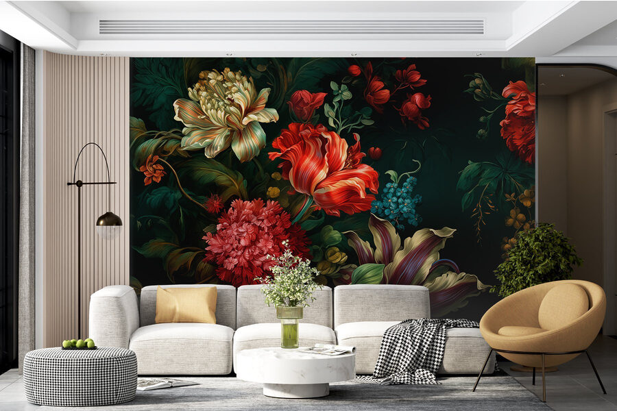 Schilderij van bloemen op een donkere achtergrond