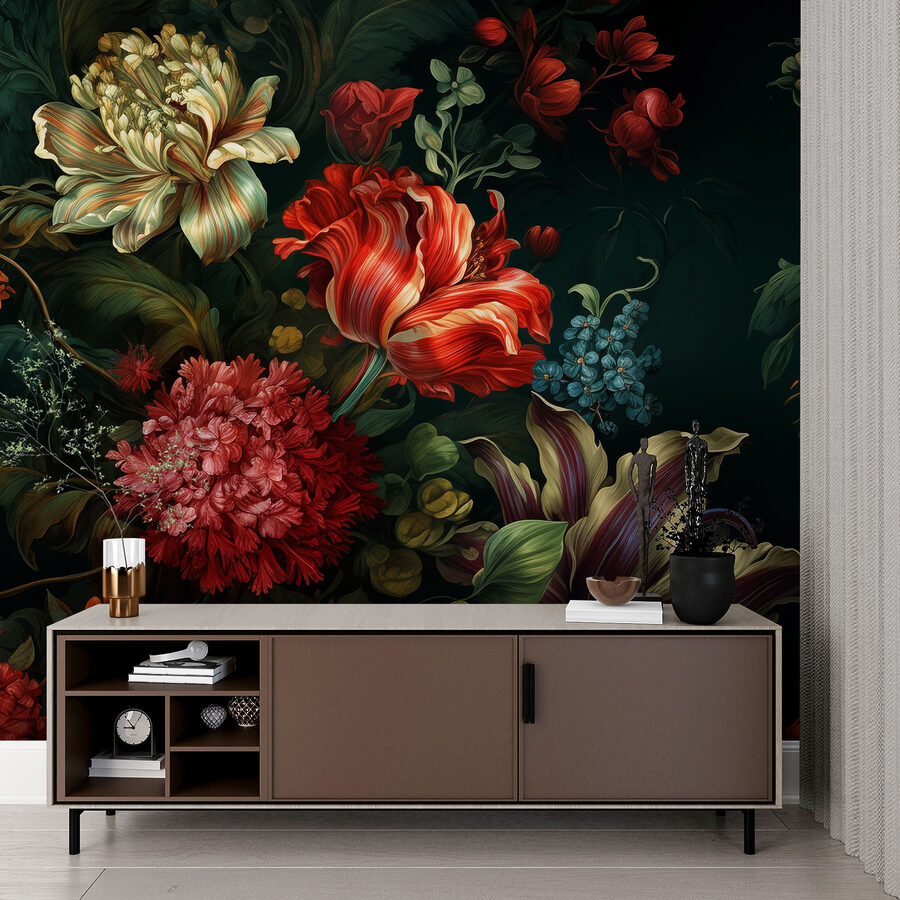 Schilderij van bloemen op een donkere achtergrond