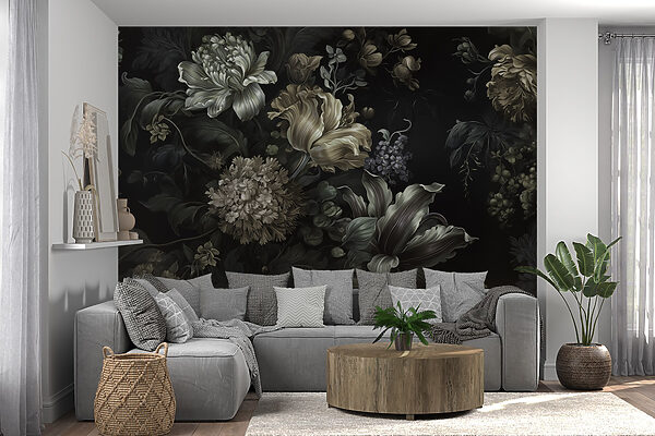 Schilderij van bloemen op zwarte achtergrond Schilderij van bloemen op zwarte achtergrond