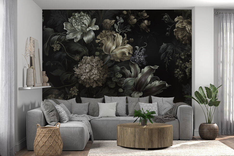 Schilderij van bloemen op zwarte achtergrond