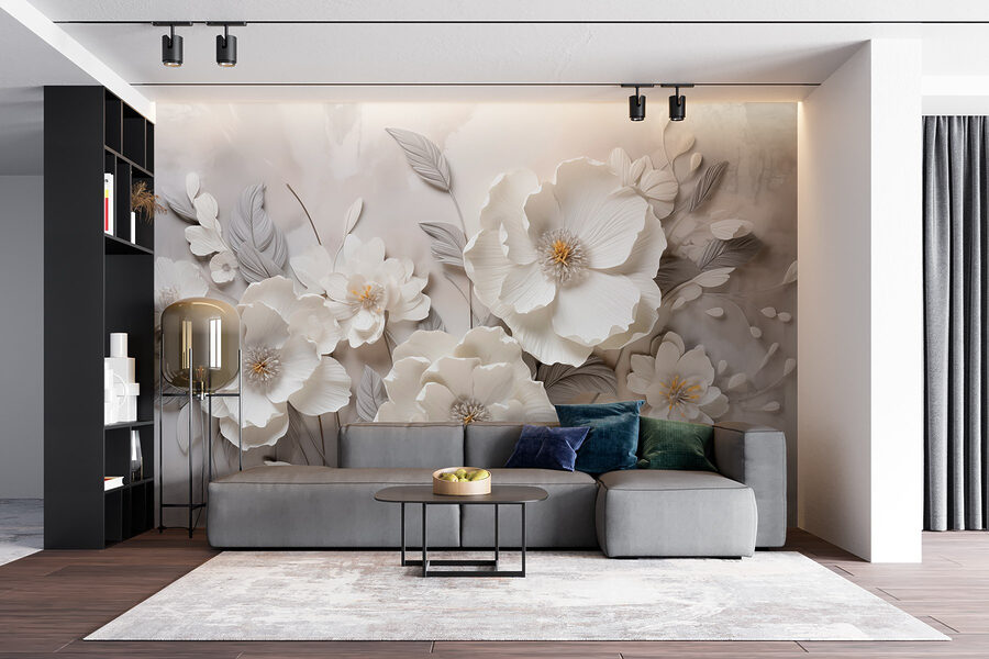 Witte bloemen op een muur