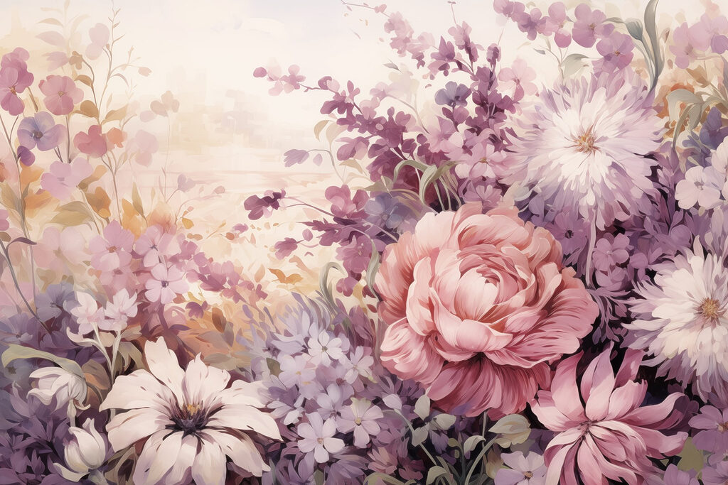 Schilderij van bloemen en bladeren Schilderij van bloemen en bladeren