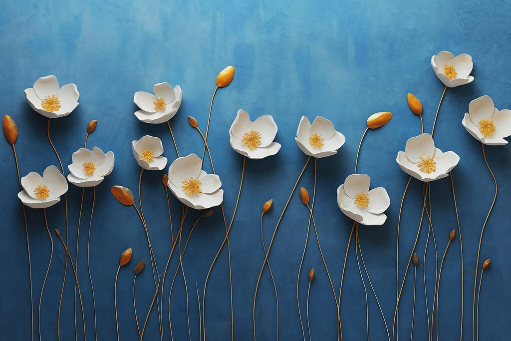 Groep witte bloemen op een blauwe achtergrond Groep witte bloemen op een blauwe achtergrond