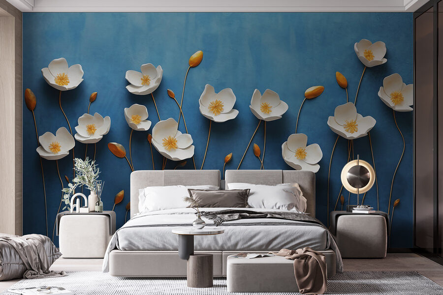 Groep witte bloemen op een blauwe achtergrond