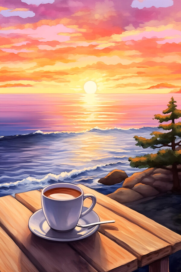 Kopje koffie op een tafel met uitzicht op het water Kopje koffie op een tafel met uitzicht op het water