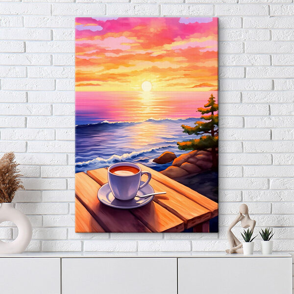 Kopje koffie op een tafel met uitzicht op het water Kopje koffie op een tafel met uitzicht op het water