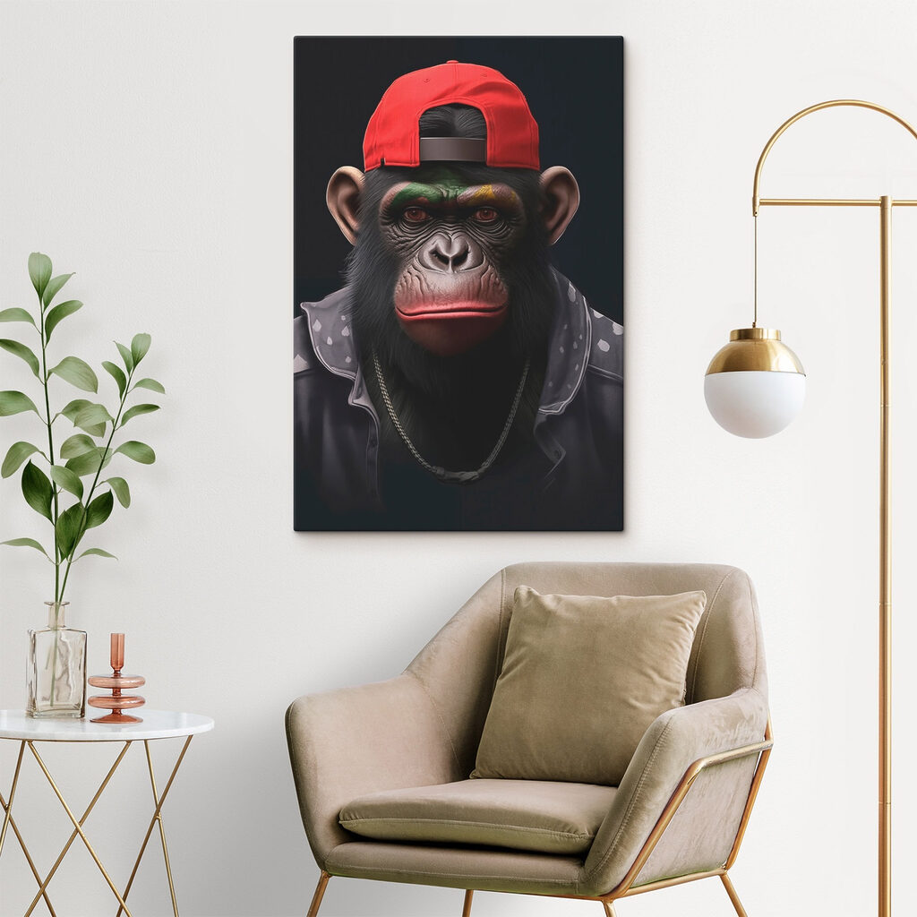 Chimpanzee wearing a red hat and jacket