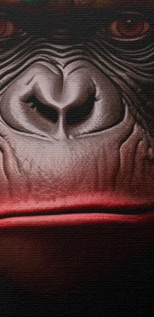 Chimpanzee wearing a red hat and jacket