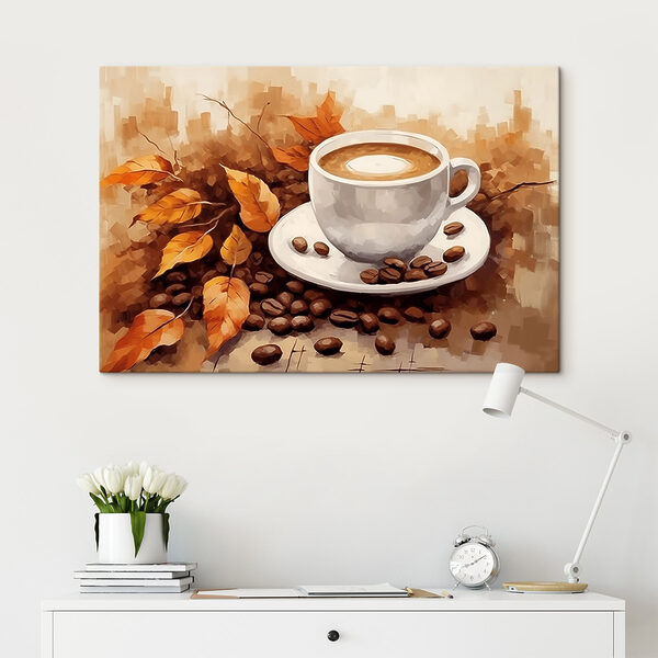 Koffiekop en bonen op een schoteltje Canvas Schilderijen Koffiekop en bonen op een schoteltje