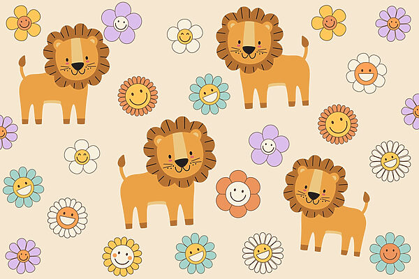 Groep cartoonleeuwen en bloemen w03863p 600x400 - Groep cartoonleeuwen en bloemen