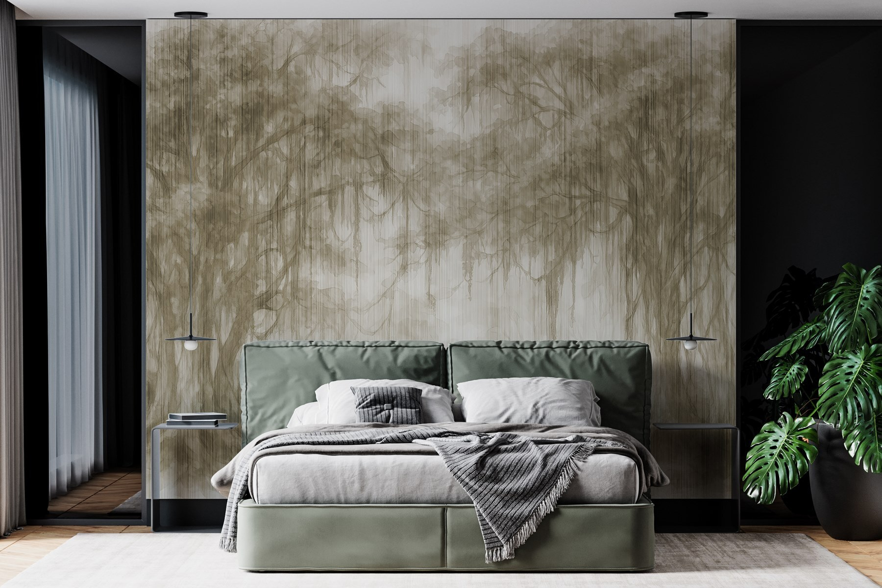 Group of trees in a foggy forest